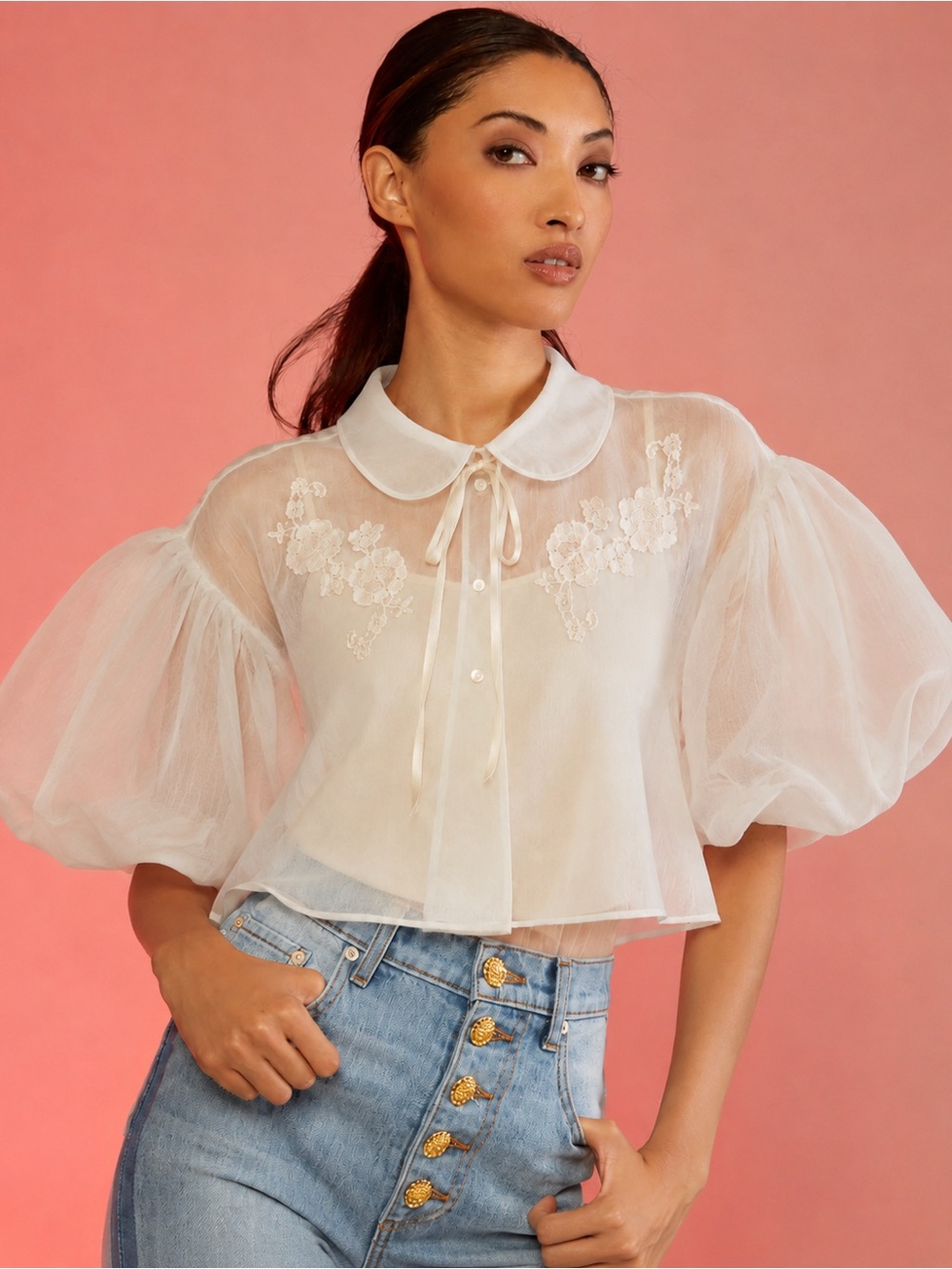 Vintage 1960s Vanity Fair Sheer Nylon Bed Jacket Short Peignoir, Size Large